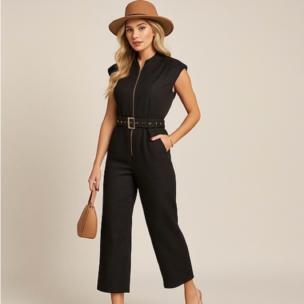 NWT 100% Cotton Black Gold Front-Zip Capped Sleeve Jumpsuit with Belt, XL